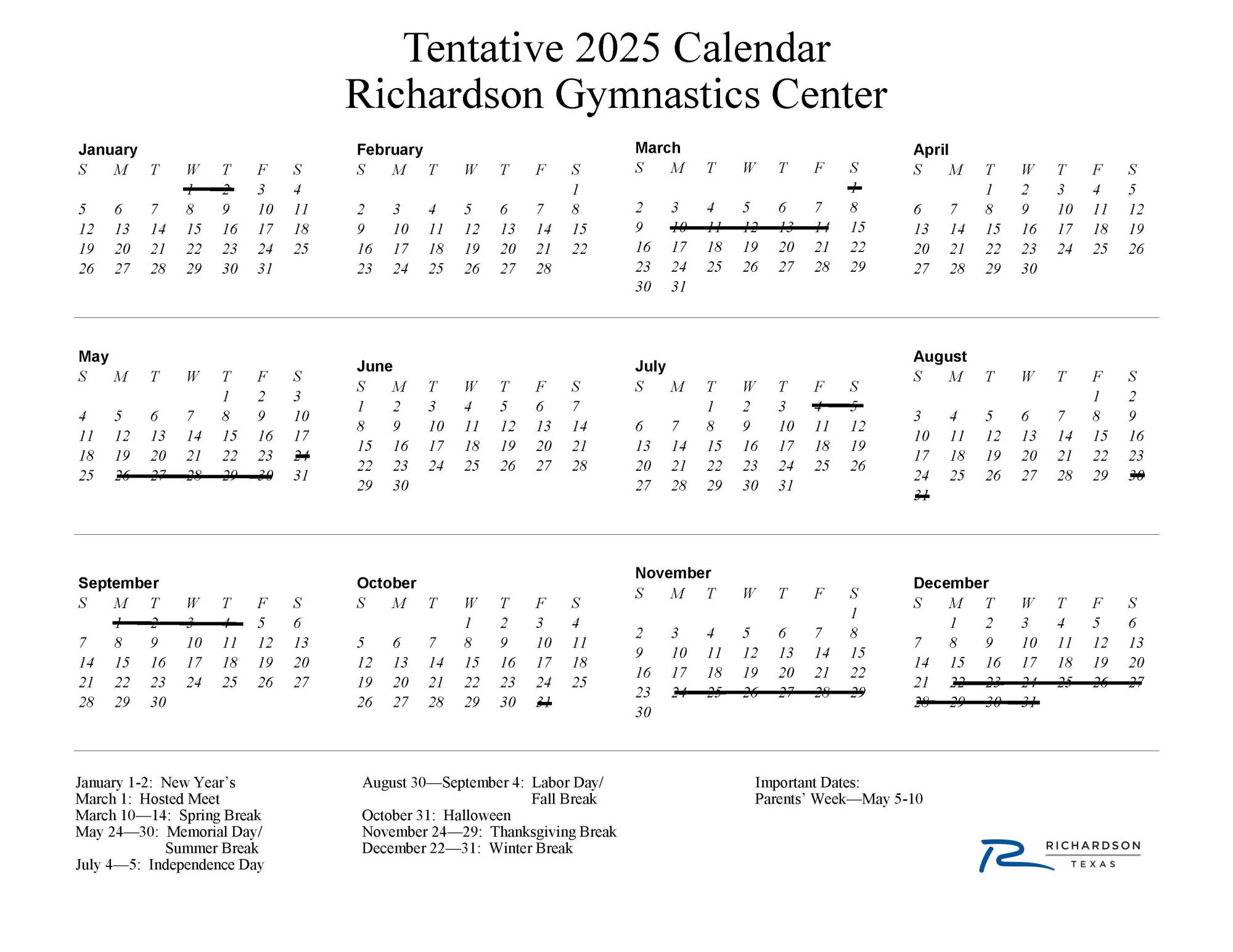 Gymnastics 2025 Calendar